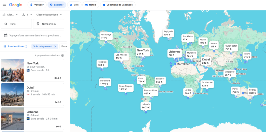 Google Flights propose un calendrier des prix