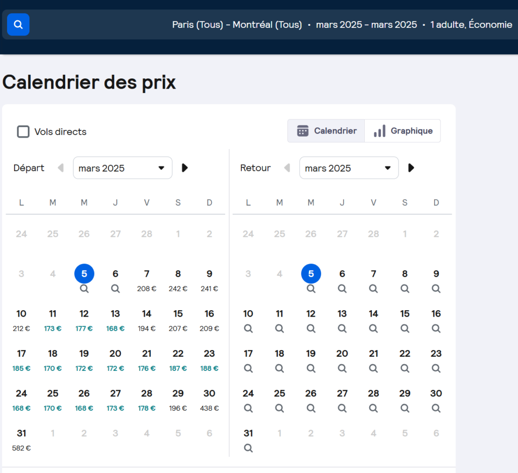 Skyscanner comapraison vol depuis Paris